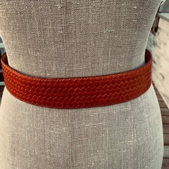 Vintage 90s Ports International Braided Orange Leather Wide Statement Waist Belt - Picture 5 of 14